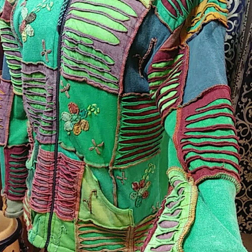 VINTAGE Boho Cutout Hooded Soft Lined Jacket Coat Women's Large Hippie G… - Picture 5 of 8